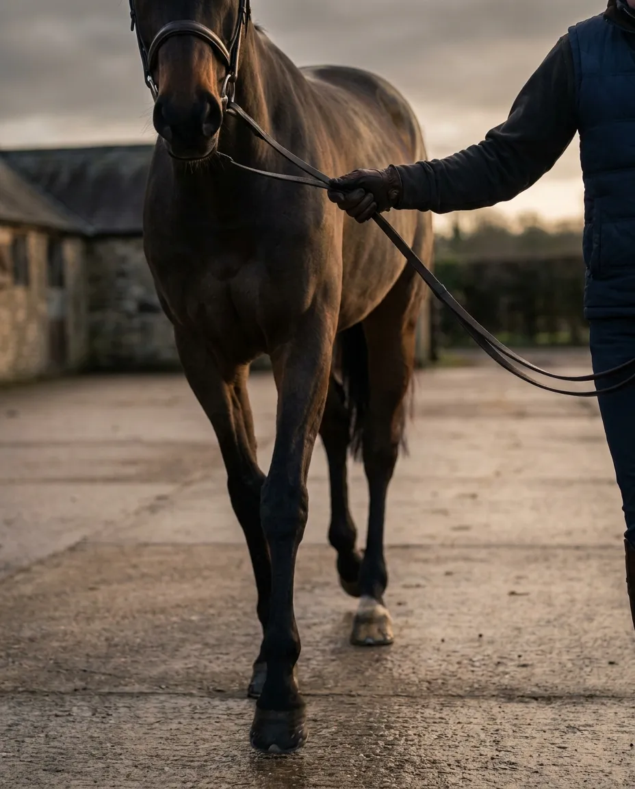 A horse trotting up on a hard surface during a lameness assessment