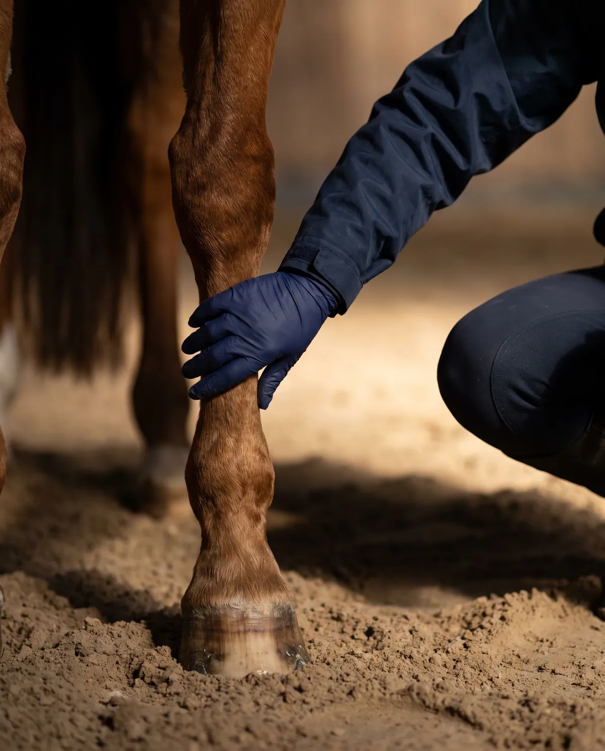 A vet’s hand running down the front of a horse’s cannon bone during a limb examination