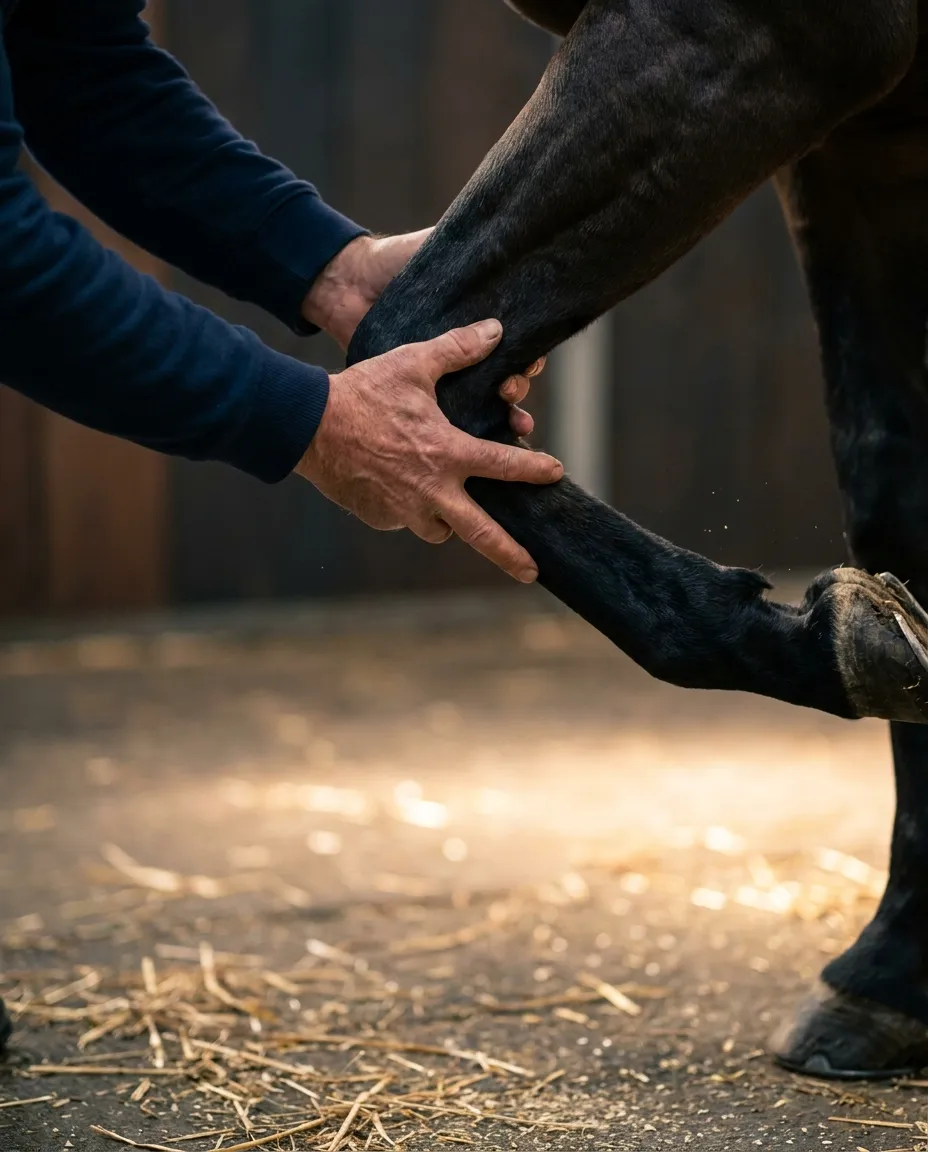 Close view of a vet flexing a horse’s limb