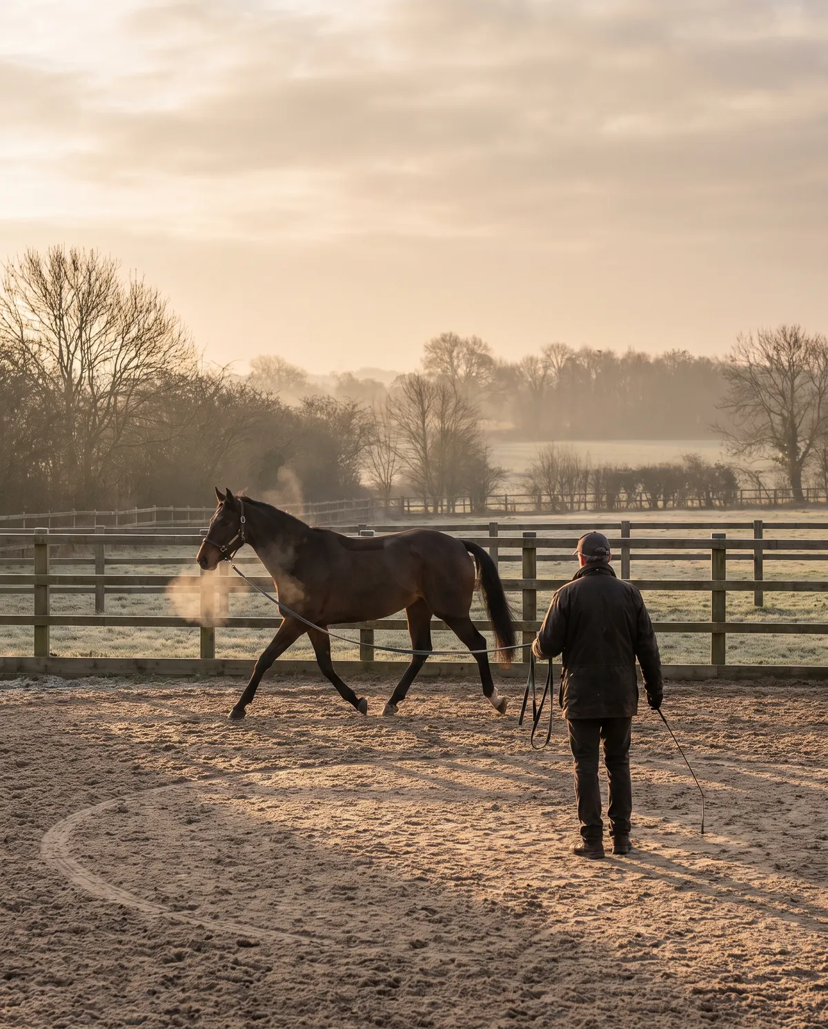 A horse being lunged on a circle in an outdoor arena at first light