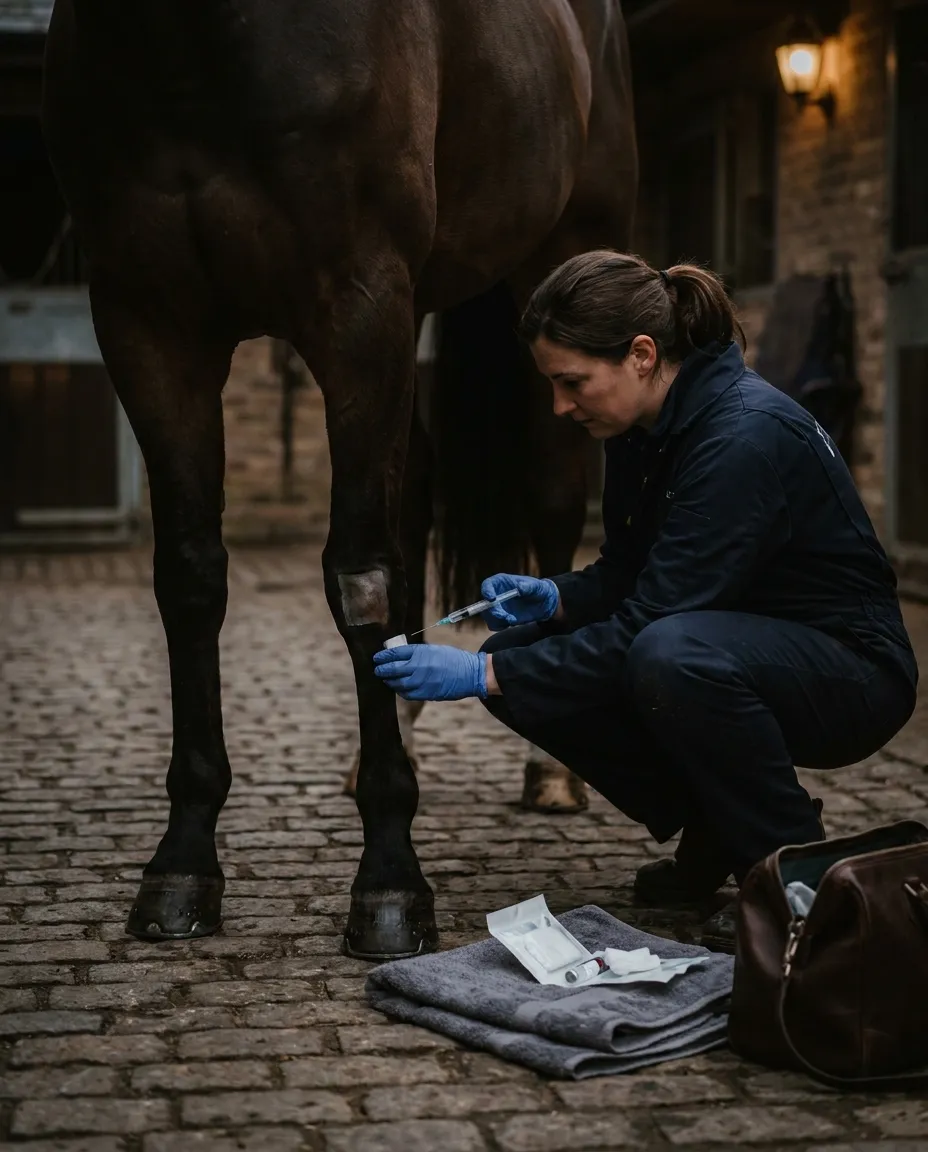 A horse being treated at a stable yard