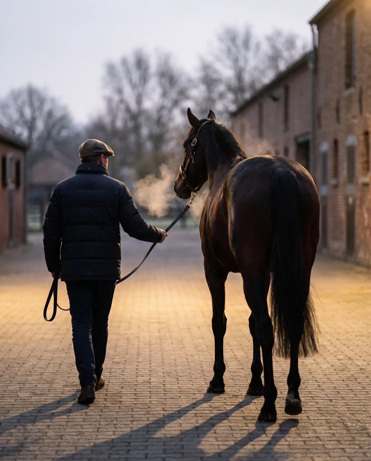 A horse being walked in hand on a stable yard as part of a rehabilitation programme