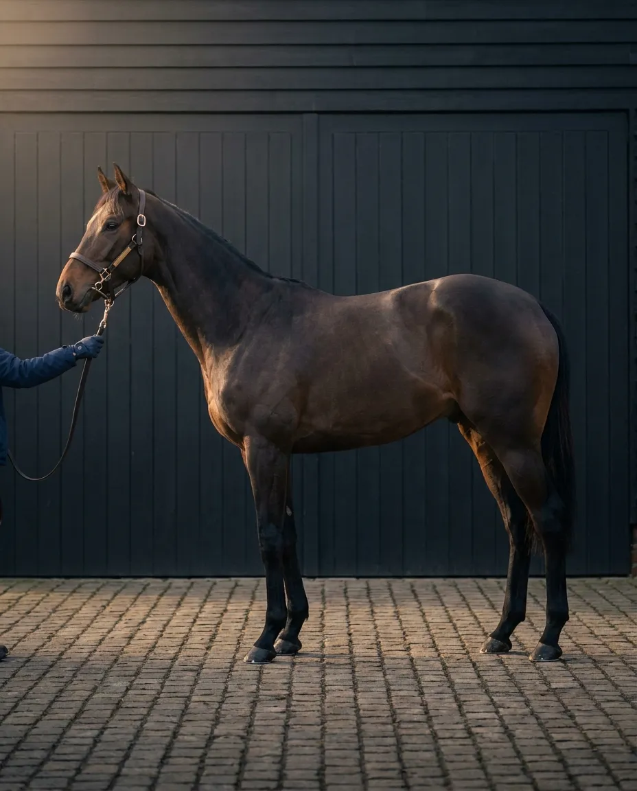 A horse standing squarely for examination