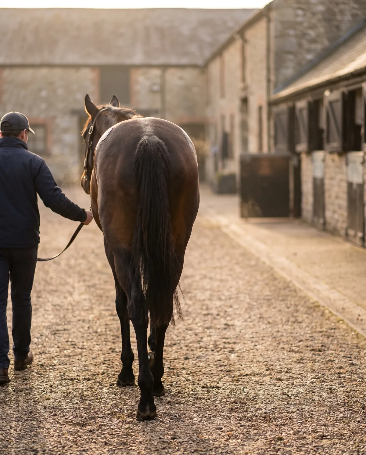 A horse being walked away from the camera down a stable yard during an examination