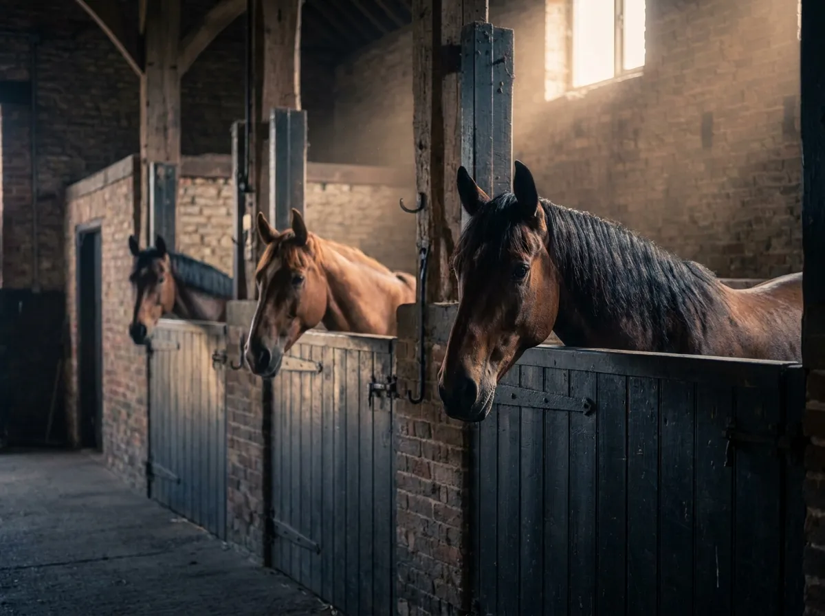 Horses at a stable yard on a still morning