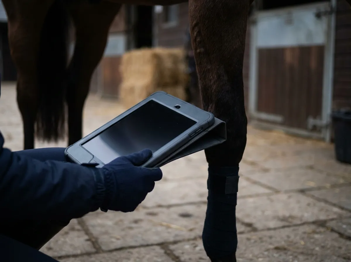 Portable veterinary imaging equipment set up at a stable yard